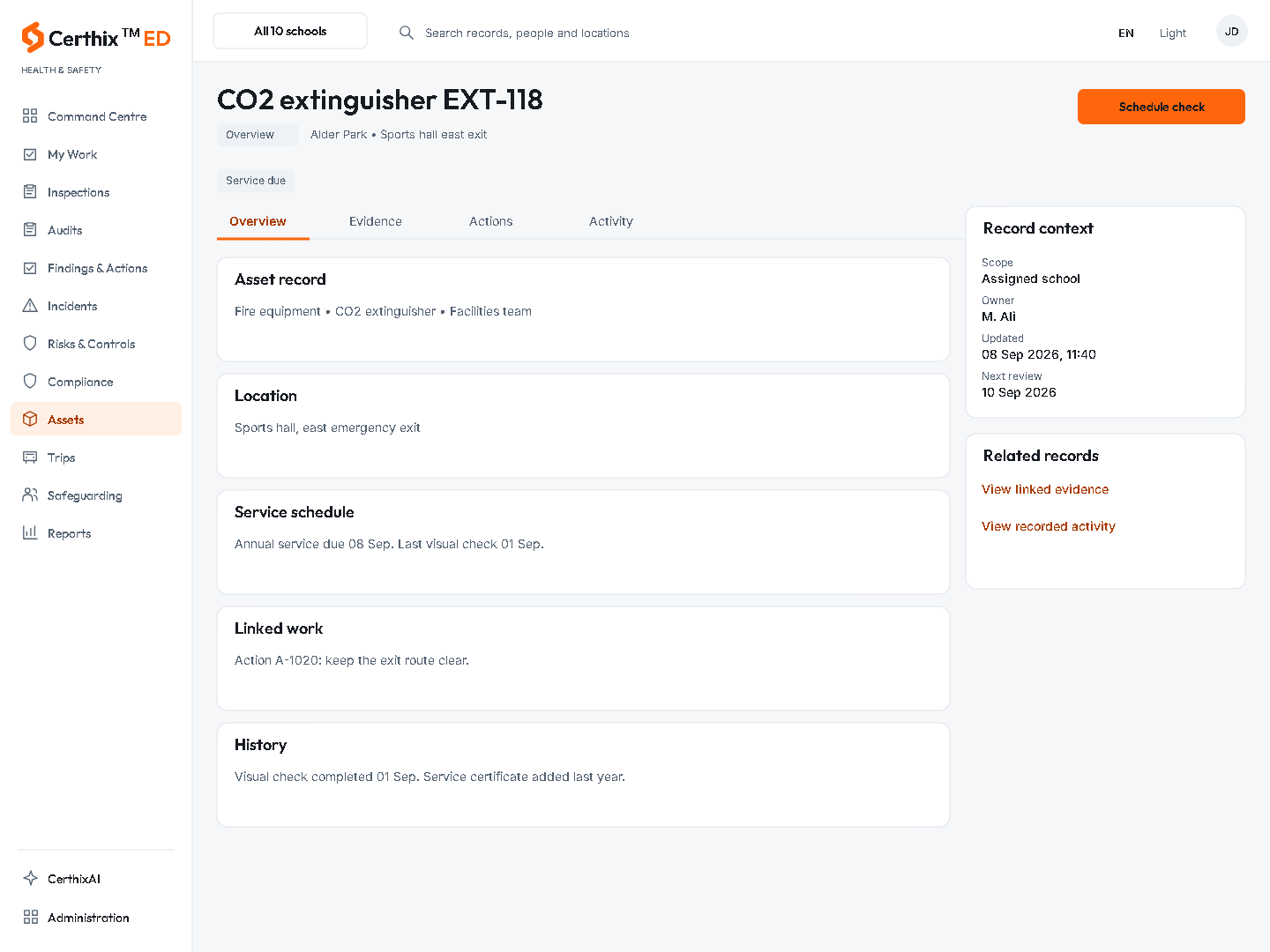 CerthixED CO2 extinguisher EXT-118 interface.