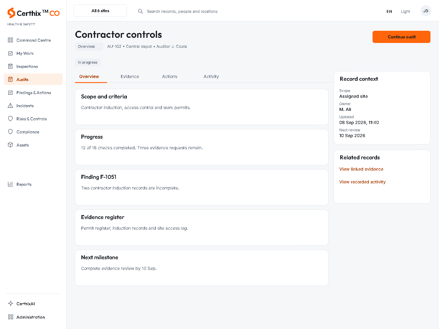 CerthixCO Contractor controls interface.