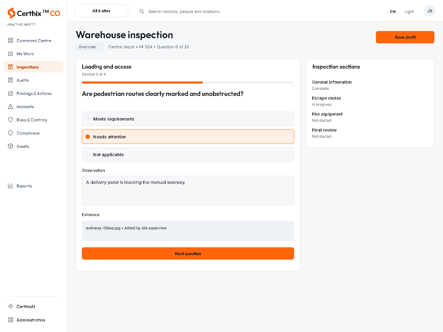 CerthixCO Warehouse inspection interface.