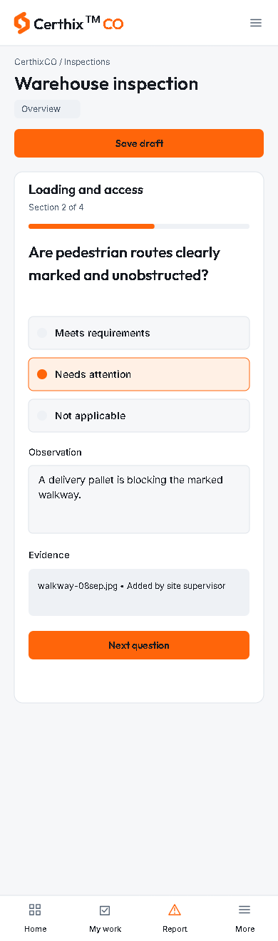 CerthixCO Warehouse inspection interface.