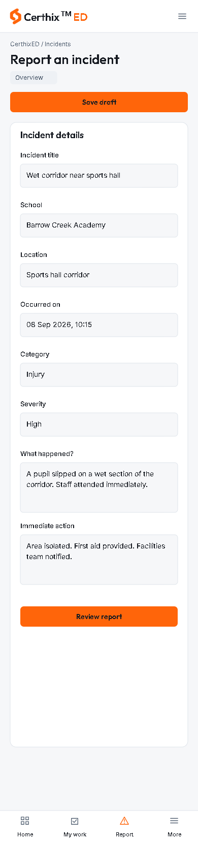 CerthixED Report an incident interface.