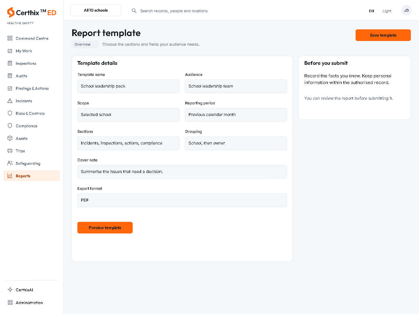 CerthixED Report template interface.