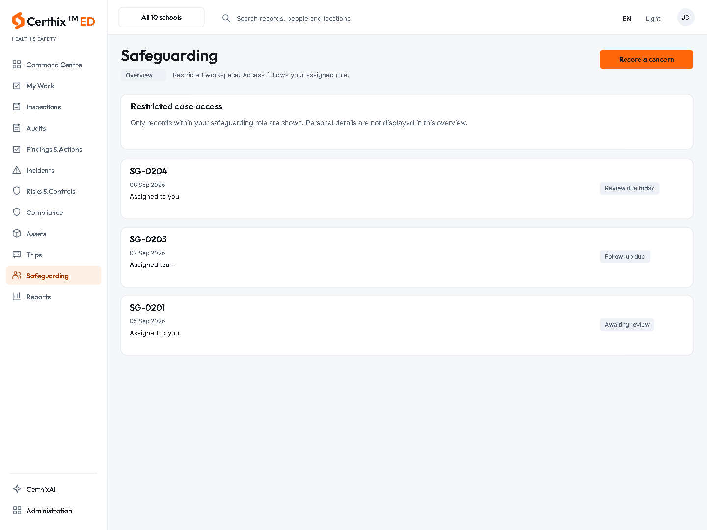 CerthixED Safeguarding interface.